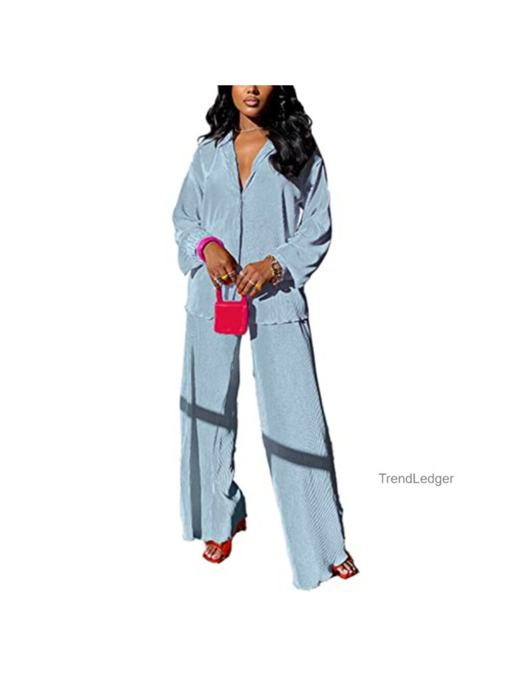 Women's 2 Piece Outfit Set Wide Leg Pants Shirt 95% Polyester 5% Elastane Long